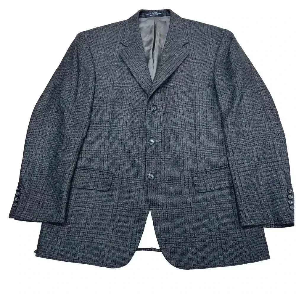 Andrew Fezza Plaid 3 Button Sport Coat Blazer Mens 40S Brown Lambswool